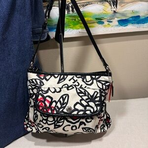 Coach White and Black Floral Canvas Shoulder Bag with Red Accents